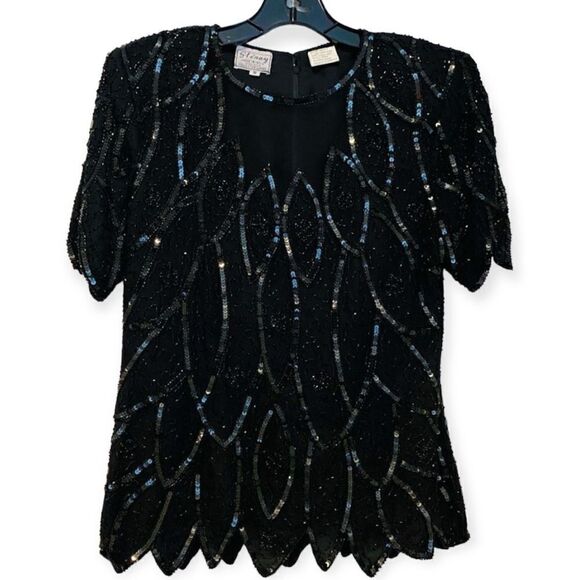 80’s Vintage Sténay Black Sequin Beaded Silk Sheer Illusion Top Size Small - Picture 1 of 7